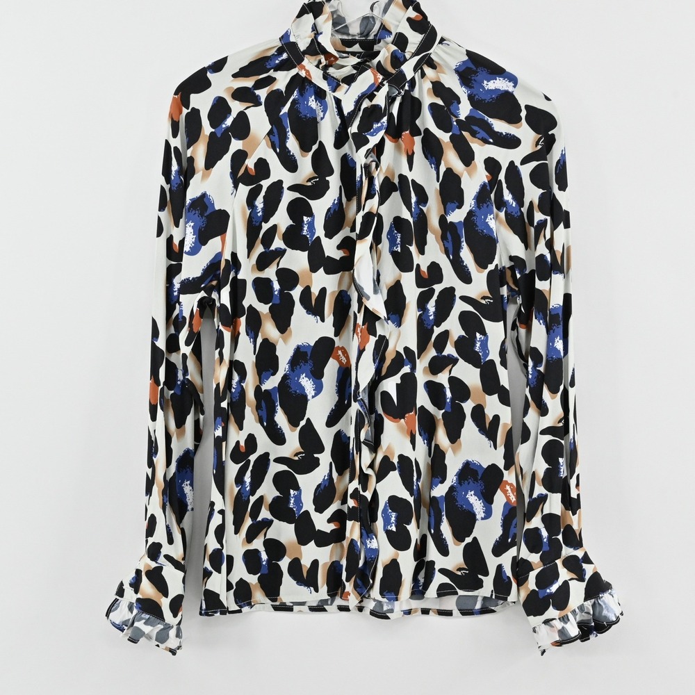 Boho Chic Ruffle High Neck Blouse Womens Size XS Blue Tan Leopard Print Sultry